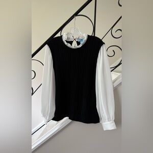 CeCe Black Knit Vest with White Bishop Sleeve Blouse